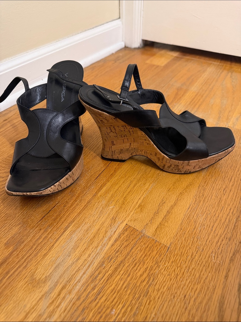 Via Spiga Black Leather Cork Wedge Sandals